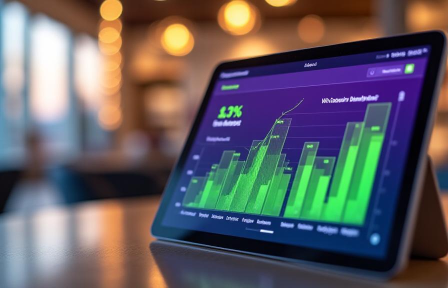Data growth chart overlaying a retail tablet